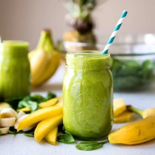 green smoothie in mason jar