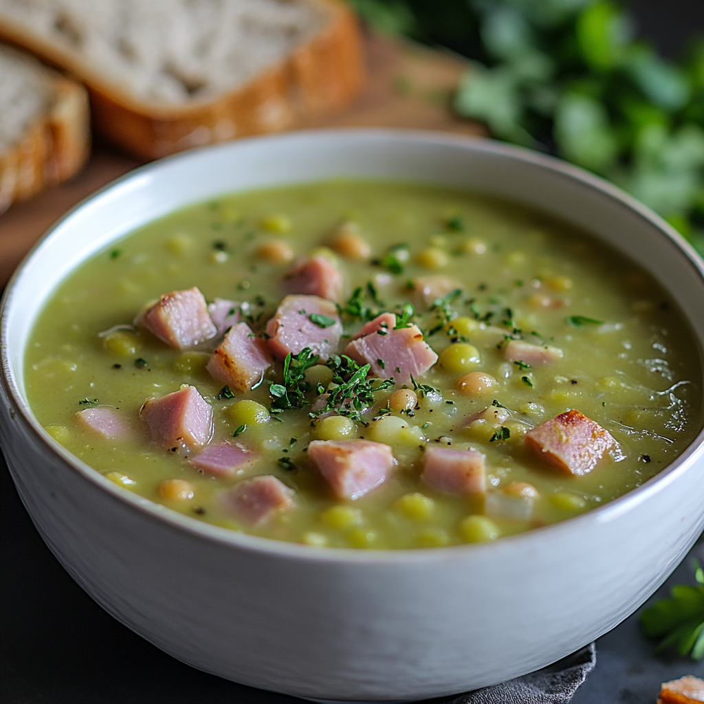 bowl of split pea soup with ham